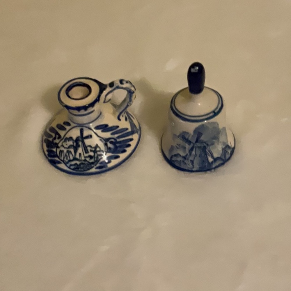 Bell and Candleholder Blue and White Home Decor Accents